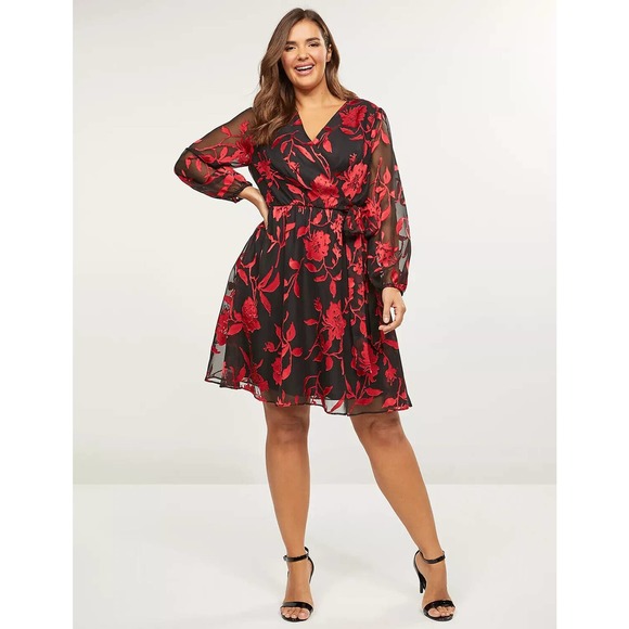 Lane Bryant Dresses & Skirts - Lane Bryant Floral Chiffon Faux Wrap V-neck Dress Black Red Plus Size 26 H13860